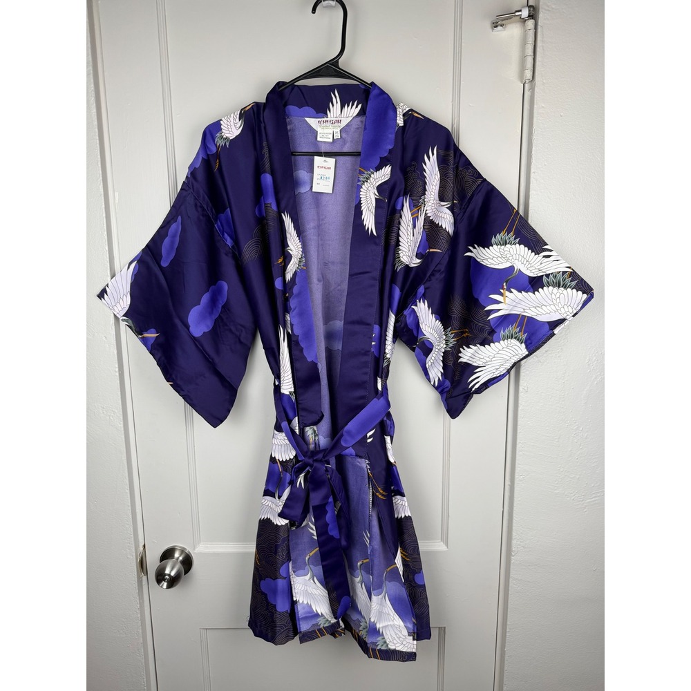 Ichiban Purple Crane Print Kimono Robe Satin One Size New With Tags
